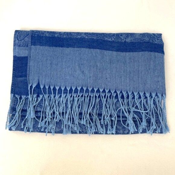 Pashmina Scarf Shawl Wrap Blue Paisley Floral Fringed Silk Blend - Picture 5 of 6